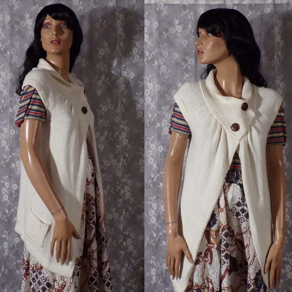 Vintage Y2K Sweater Tunic 2000s Roxy Knit Long Sleeveless Cardigan Size Small